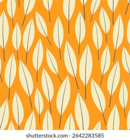 Seamless pattern with yellow  leaves on orange background. Summer or autumn wallpaper, texture, print, card.