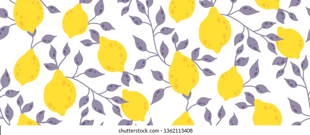 Seamless pattern with yellow lemon fruit and leaves. Tropical background. Summer vector illustration. Can be used for t-shirt print, fashion print design, fabric, and wrapping.