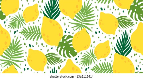 Seamless pattern with yellow lemon fruit and leaves. Tropical background. Summer vector illustration. Can be used for t-shirt print, fashion print design, fabric, and wrapping.