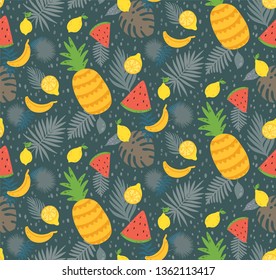 Seamless pattern with yellow lemon fruit, watermelons, bananas, pineapples, and jungle leaves. Tropical background. Summer vector illustration. Can be used for t-shirt print, fabric, and wrapping.