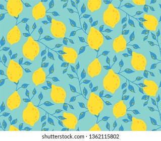 Seamless pattern with yellow lemon fruit and leaves. Tropical background. Summer vector illustration. Can be used for t-shirt print, fashion print design, fabric, and wrapping.