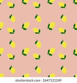 seamless pattern of yellow lemon fruit with green leaves on pink background, summer pattern design