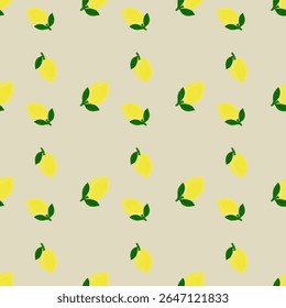 seamless pattern of yellow lemon fruit with green leaves on ivory background, summer pattern design