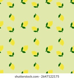 seamless pattern of yellow lemon fruit with green leaves on light green background, summer pattern design