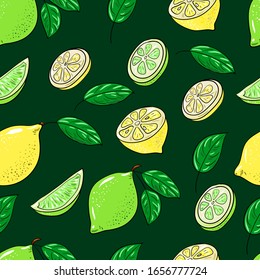 Seamless pattern with yellow lemon and and green leaves on a dark green background. Suitable for fabric, napkins, wrapping paper, wallpaper.