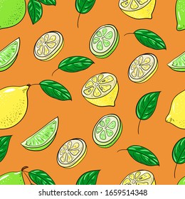 Seamless pattern with yellow lemon and and green leaves on a orange background 