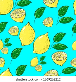 Seamless pattern with yellow lemon and and green leaves on a 
turquoise background. Suitable for fabric, napkins, wrapping paper, wallpaper.
