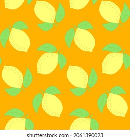 Seamless pattern, yellow lemon with green leaf, vector illustration for textiles, wallpaper and wrapping paper