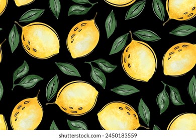 Seamless pattern yellow lemon with green leave on black background. Summer design. Hand made not AI