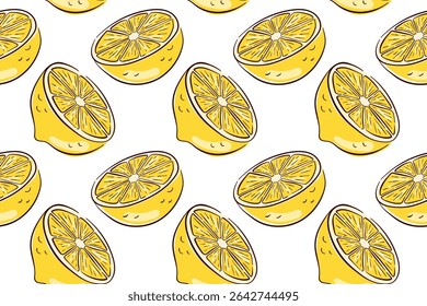 Seamless pattern of yellow lemon half with segments on a white background in flat style. Perfect for fresh citrus theme, summer design, kitchen decor and healthy food illustration.