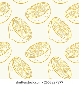 Seamless pattern of yellow lemon half with segments on a beige background in line art style. Perfect for fresh citrus theme, summer wallpaper, kitchen decor and healthy package.