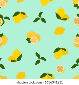Seamless pattern of yellow lemon. Juicy tropical fruit on a turquoise background. Vector illustration for printing fabric or paper.