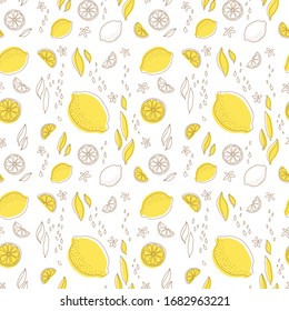 Seamless pattern yellow lemon leaves