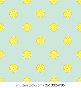 Seamless pattern with yellow lemon slices in flat style, mint green background, vector illustration. Ideal for summer products, fabrics, or packaging