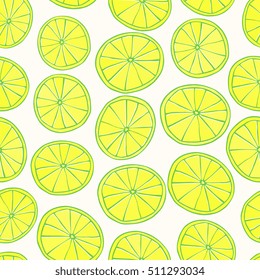 Seamless pattern with yellow lemon slices on white background.
