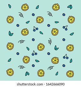 seamless pattern with yellow lemons, berries and leafs on blue background. good for print design, pillow, fabric. 