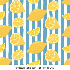 Seamless pattern with yellow lemons and blue stripes. Italian summer background with citrus fruits