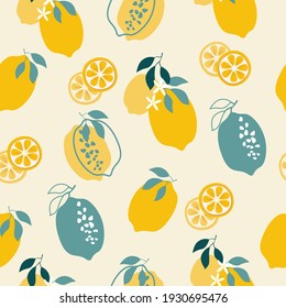 A seamless pattern of yellow lemons with branches, flowers and leaves on a light background. Abstract fruits for textiles, wallpaper, posters. Vector graphics.