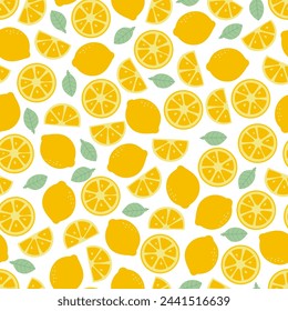 Seamless pattern with yellow lemons. Fruit repeated background. Vector bright print for fabric or wallpaper.