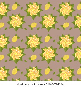 Seamless pattern with yellow lemons with green leaf. Lemon slices laid out on green leaves. 