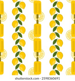 Seamless pattern with yellow lemons, green leaves, lemon slices, and popsicles on a white background. Fresh and vibrant design, perfect for textiles and packaging.