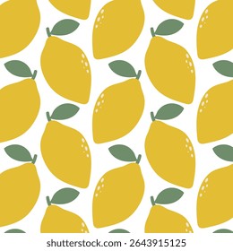 Seamless pattern with yellow lemons and green leaves on white background. Fresh and vibrant fruit design ideal for fabric, packaging, kitchen decor or summer themes.