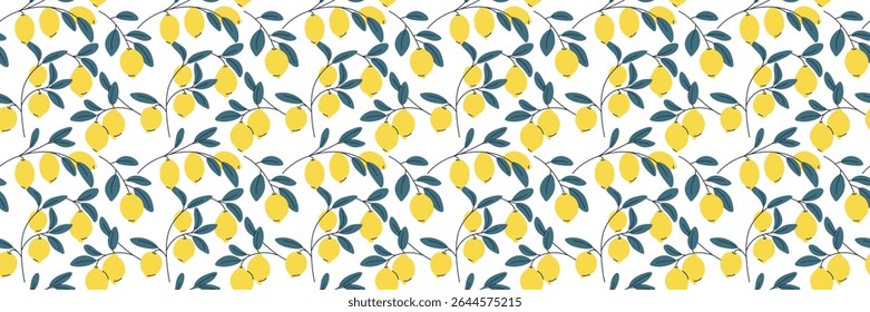 Seamless pattern of yellow lemons and green leaves on branches