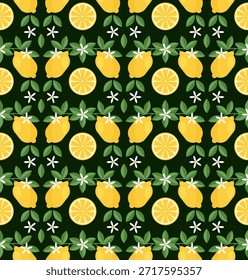 Seamless pattern with yellow lemons, green leaves and small white flowers on dark background. Minimalist flat style. Image for prints on fabrics, wallpaper, packaging and interior decoration.