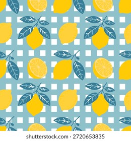 Seamless pattern with yellow lemons and leaves on a blue and white checkered background