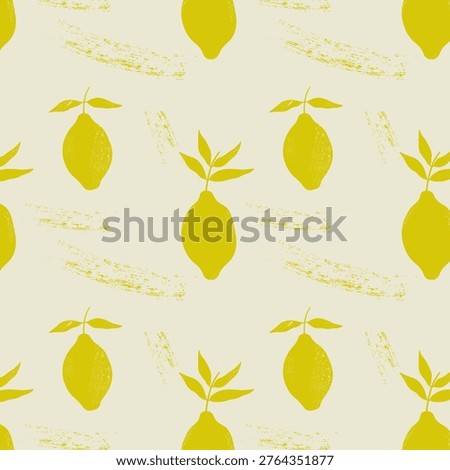 Seamless pattern with yellow lemons. Minimalist rapport with fruits in dry brush style. Hand drawn citrus background with grainy texture. Repeatable lemon backdrop for fabric, design, textile, wrap