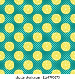 Seamless pattern with yellow lemons on a turquoise background.