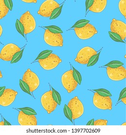 Seamless pattern yellow lemons on a blue background. Vector illustration