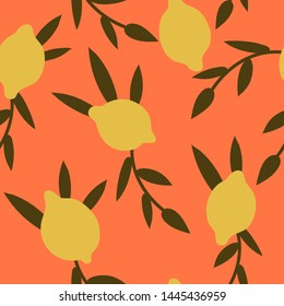 Seamless pattern with yellow lemons on the pink background. Fruit repeated background.Cute hand drawn design. Vector bright print for fabric or wallpaper.