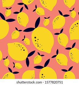 Seamless pattern with yellow lemons on the background. Bright summer design, vector illustration. Hand drawn style.