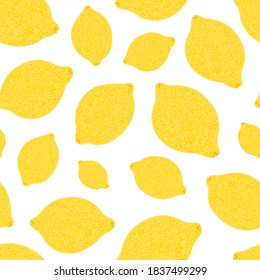 Seamless pattern of yellow lemons on white background.