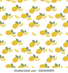 Seamless pattern with yellow lemons on a white background. Citrus fruit in a minimalistic flat style. Vector pattern with juicy bright print.