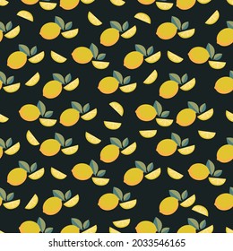 Seamless pattern with yellow lemons on a black background. Citrus fruits in minimalistic flat style. Vector pattern with juicy bright print.
