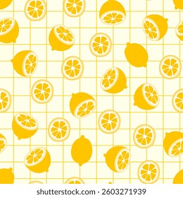 Seamless pattern with yellow lemons on a light background with a geometric grid. Summer fruit print for textiles, packaging, wallpaper and kitchen decor