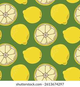 Seamless Pattern of Yellow Lemons on a Green Background. Illustration featuring a repeating pattern of yellow lemons and lemon slices over a green background, symbolizing freshness and natural 