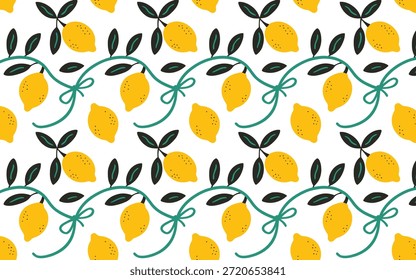 Patrón sin fisuras de limones amarillos en vides frondosas verdes con arcos, aislados sobre fondo blanco.