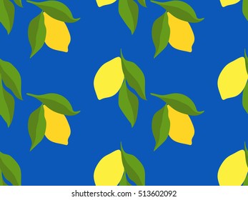Seamless pattern with yellow lemons on a blue background. Vector repeating fruit ornament