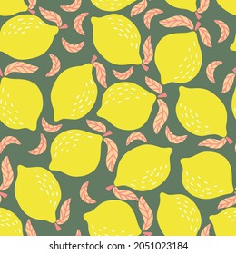 Seamless pattern of yellow lemons and pink leaves, hand-drawn on a green background. Vector illustration with citrus fruits. For printing on fabric.