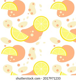 Seamless pattern with yellow lemons and seeds. Pink abstract shapes. Fabric, textile. Vector illustration 8 eps
