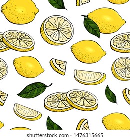 Seamless pattern with yellow lemons. Set of citrus fruits. Whole lemon, slices, cut pieces, green leaves. Vector. Freehand drawing. Stylized linear illustration. Isolated on white background. Colored