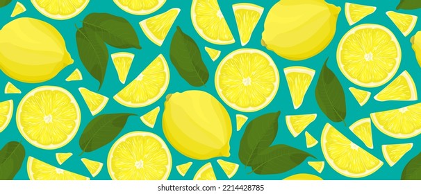 Seamless pattern with yellow lemons, slices and leaves. Illustration in a flat style. Pattern on turquoise background.
