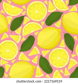 Seamless pattern with yellow lemons, slices and leaves. Illustration in a flat style. Pattern on pink background.