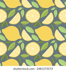 
Seamless pattern with yellow lemons, slices, and green leaves on a gray background. Vibrant design.