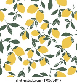 seamless pattern with yellow lemons. white background. Vector texture. printing for textiles or wallpaper.