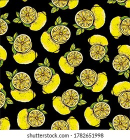 Patrón sin soldadura con limones amarillos, enteros y cortados en un fondo negro.Fondo con cítricos.Ilustración vectorial botánica en estilo gráfico.Diseño para textiles, papel, impresión