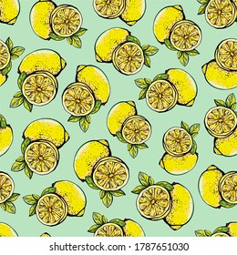 Seamless pattern with yellow lemons, whole and sliced. Lemon pattern on a white background. Texture with citrus vector illustration in graphic style.Design for textiles, paper, and printing